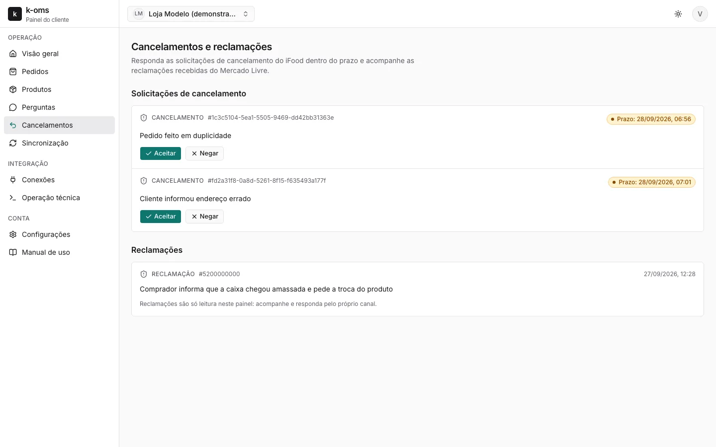 Cancelamentos do iFood: Pedidos de cancelamento com o prazo para aceitar ou recusar.