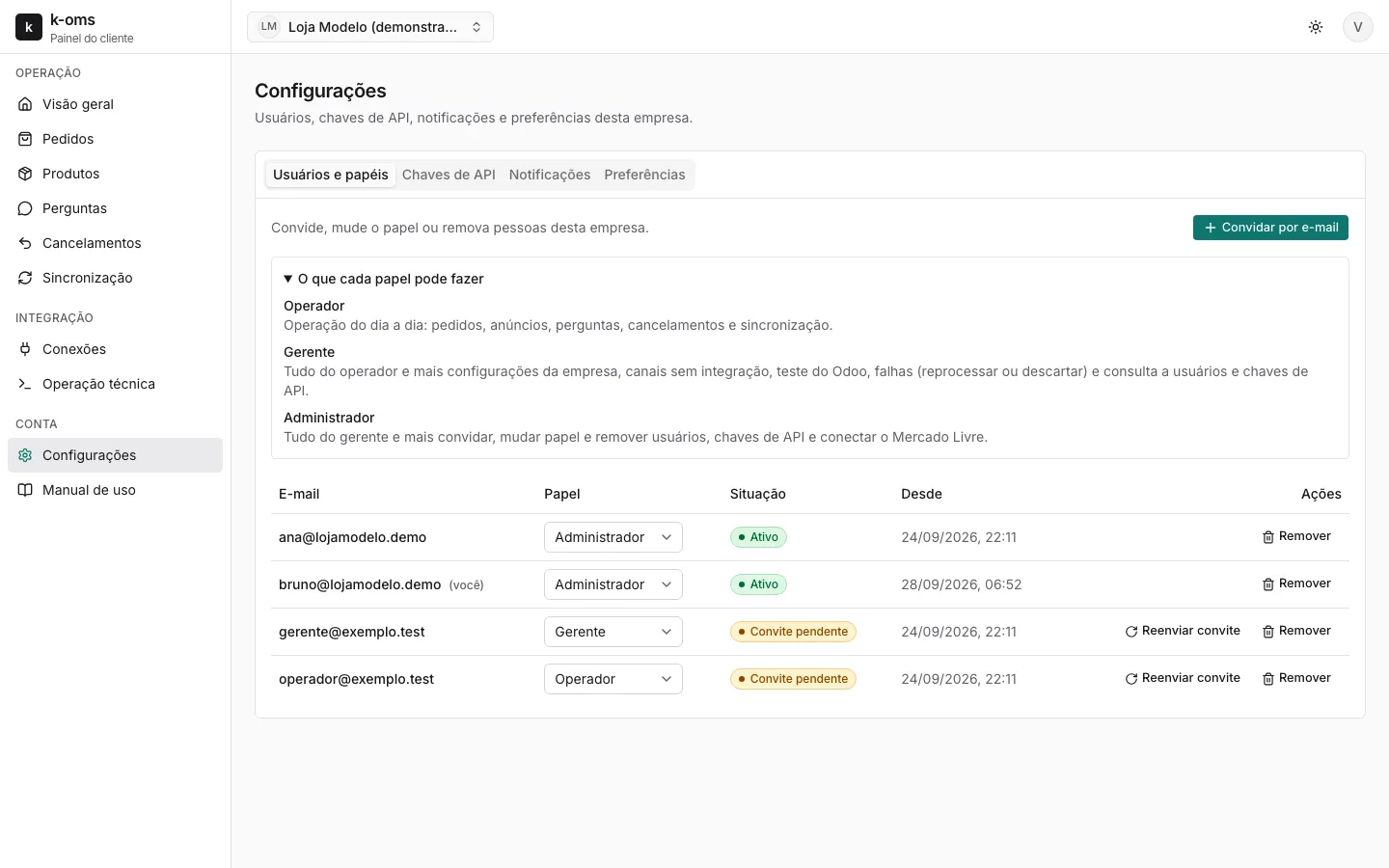 Usuários e papéis: A própria empresa convida a equipe por e-mail e define o que cada pessoa pode fazer.