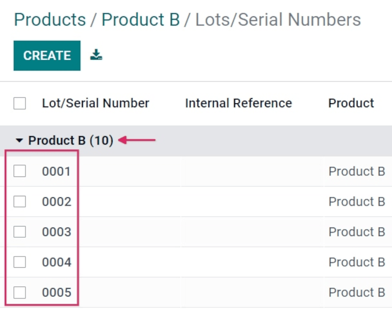 Lista de números de série de produtos.