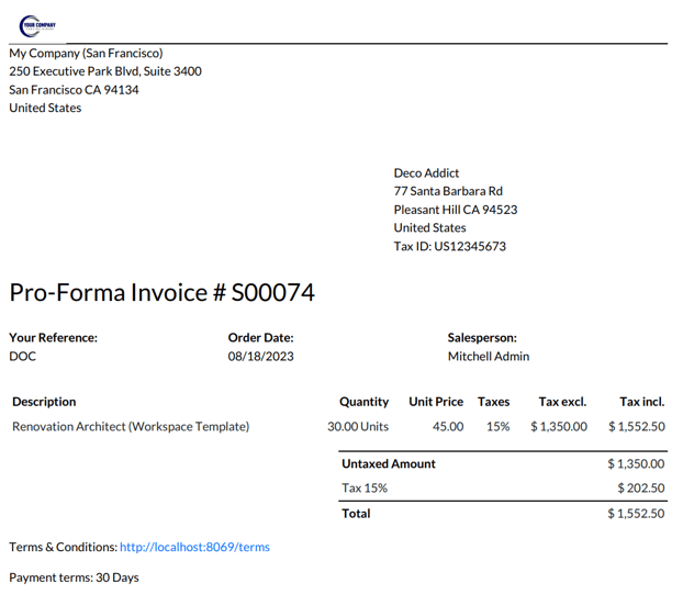 Exemplo de PDF de fatura pró-forma do Vendas do Odoo.