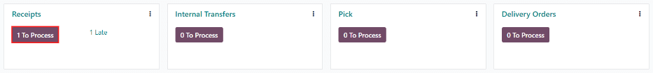 Um recebimento pronto para ser processado na visão kanban da Visão geral do Inventário.