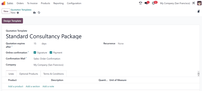 Create a new quotation template on Odoo Sales.