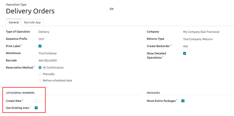 Enabled traceability setting on operations type form.