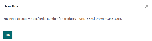 Adicionar pop-up de erro de usuário de número de série/lote.