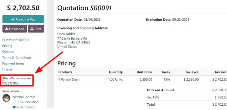 Cómo verán los clientes las fechas de vencimiento en Ventas de Odoo. 