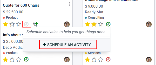 Vista kanban de un flujo de CRM y la opción para planear una actividad.