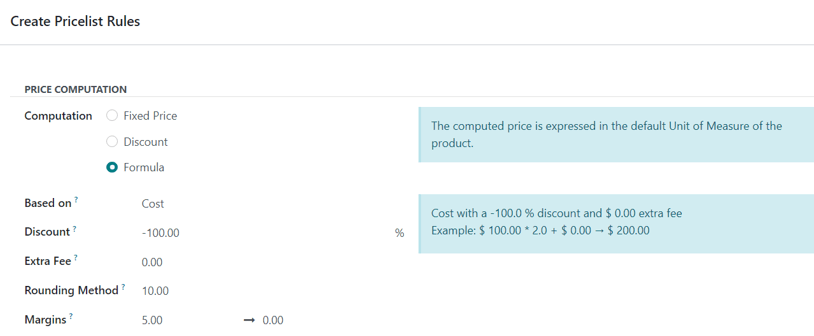 Aspecto de la fórmula para un costo de incremento con un margen mínimo de 5 dólares en Ventas de Odoo.