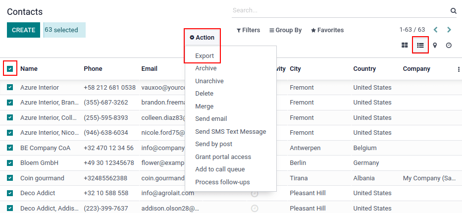 View of the different things to enable/click to export data.